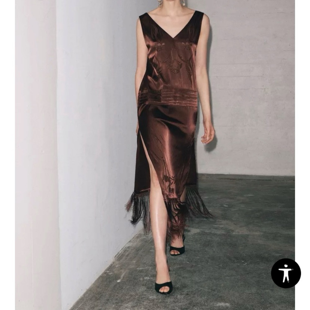 Zara Collection Embroidered Fringe Midi Dress Size L Brown
